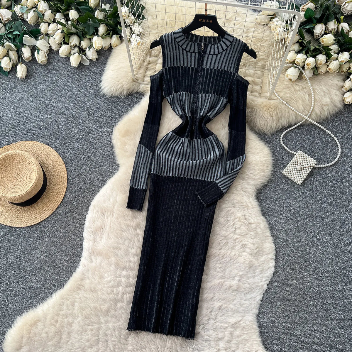 Cold Shoulder Long Sleeve Ribbed Knit Bodycon Midi Dress Elegant Fall Winter
