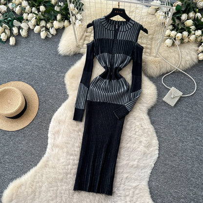 Cold Shoulder Long Sleeve Ribbed Knit Bodycon Midi Dress Elegant Fall Winter