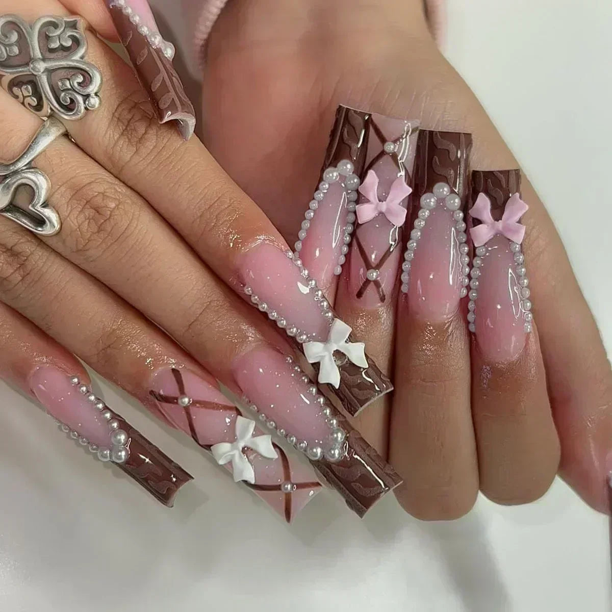 24Pcs Long Ballet False Nails Pink Butterfly with Rhinestones French Design Wearable Fake Nails Glitter Press on Nails Tips Art