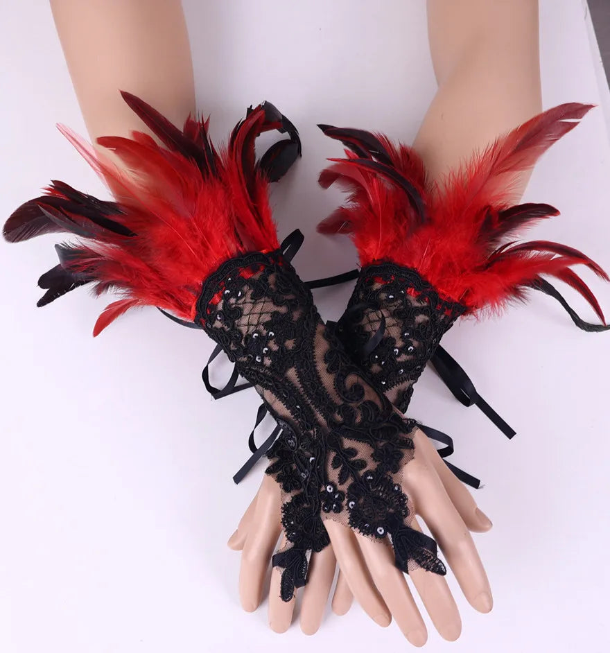 Daniella Feather Cosplay Lace Wrist Gloves (Furry Accessories)