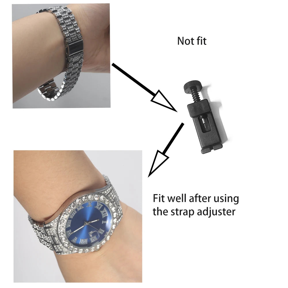 3pcs Set Hip-hop Punk Inlay Diamond Square Watch+Cuban Chain+Bracelet Comes With Strap Adjuster Stylish Jewelry