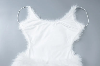 Furry Mini White Dress Hipster Spaghetti Strap Low Cut Backless Body-Shaping Vestidos Birthday Party Clubwear