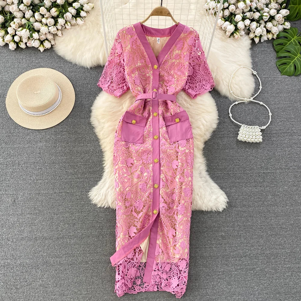 Floral Lace Dress V Neck High Waist Maxi Dresses