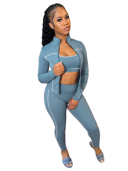 Long Sleeve Jacket + Tank Top + Tight Pant Sets (3 Piece Sets)
