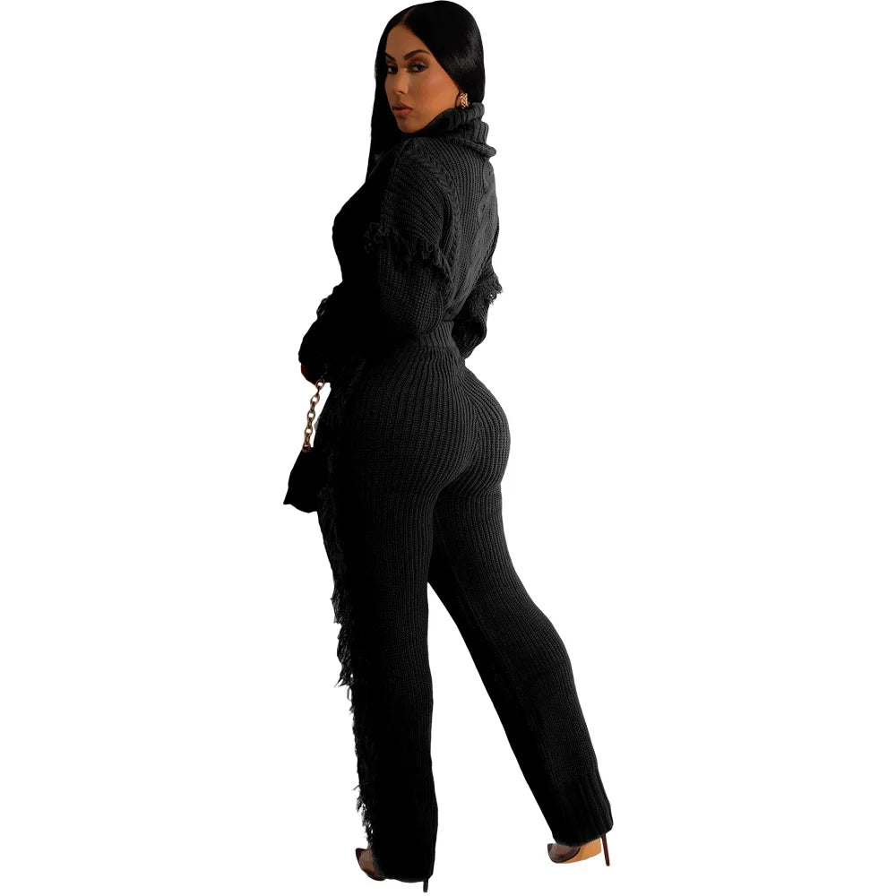 Ty'Anna Knitted Long Sleeve Pullover Top + Sweater Pant Set(Suit)