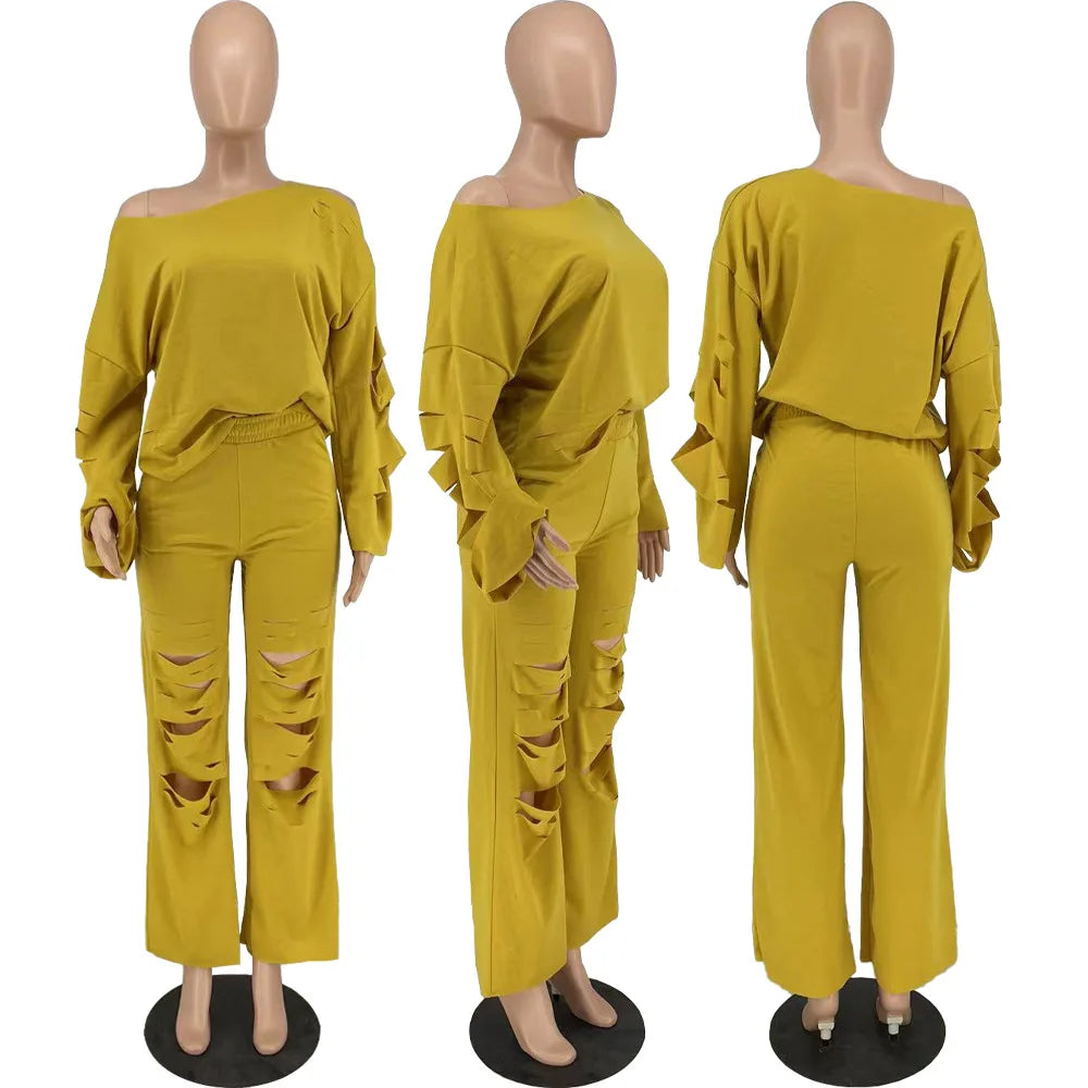 Oliva's Round Neck Pullover Hole Solid Pant Sets