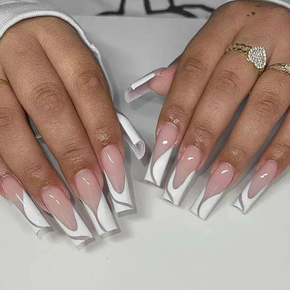 24Pcs Long Ballet False Nails Pink Butterfly with Rhinestones French Design Wearable Fake Nails Glitter Press on Nails Tips Art