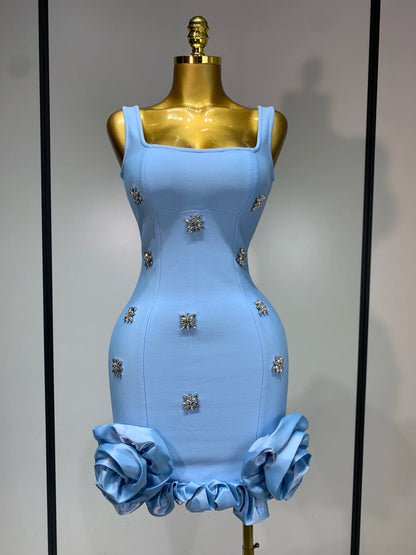 Crystal Sleeveless Square Collar Bodycon Mini Bandage Dresses