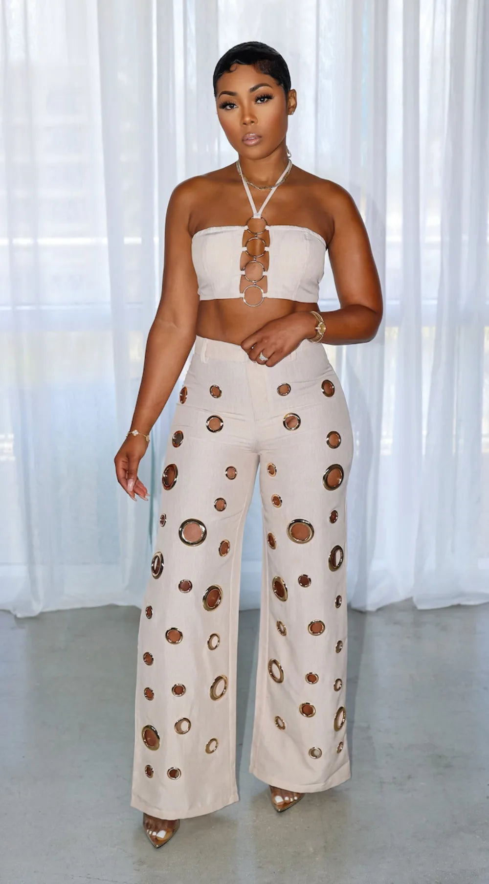 Halter Sleeveless Backless Crop Top And Pants Two Piece Sets Outfits