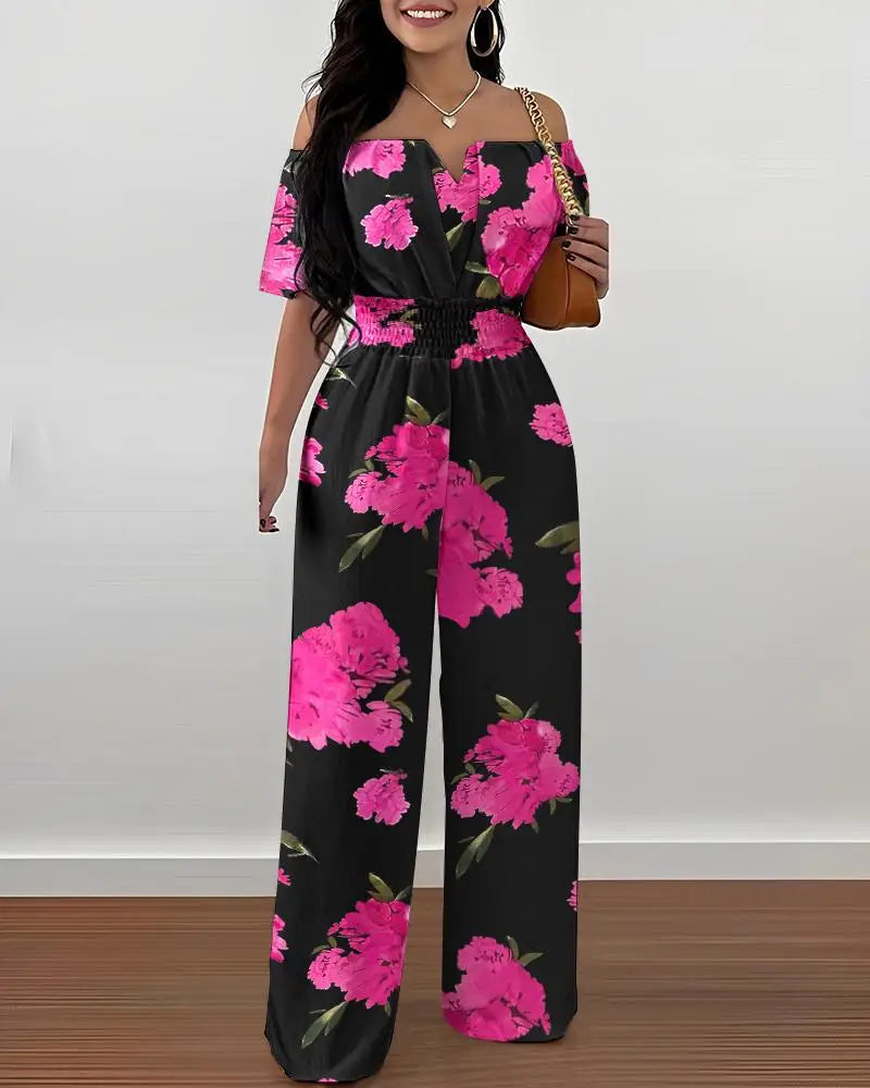Fashion Off Shoulder Casual Plain Short Sleeve Shirred Waist Daily Long Wide Leg Jumpsuit