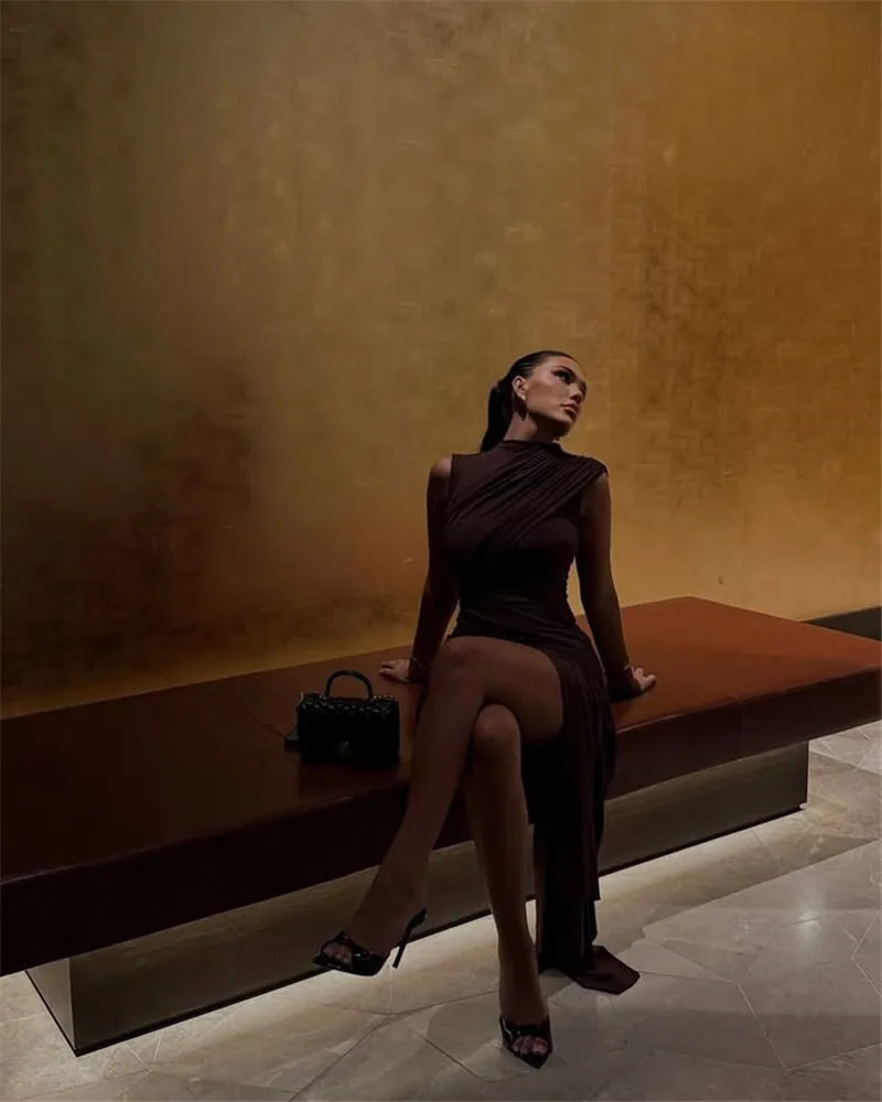 Elegant Turtleneck Sleeveless High Waist Pleated Dresses