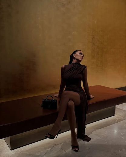 Elegant Turtleneck Sleeveless High Waist Pleated Dresses