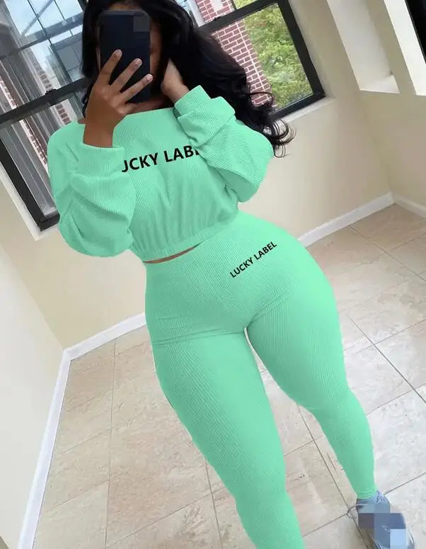 Winter Solid Lucky Label Letter Embroidery Two Piece Sets Women Sweatshirt+Leggings Casual Sporty Tracksuits Female