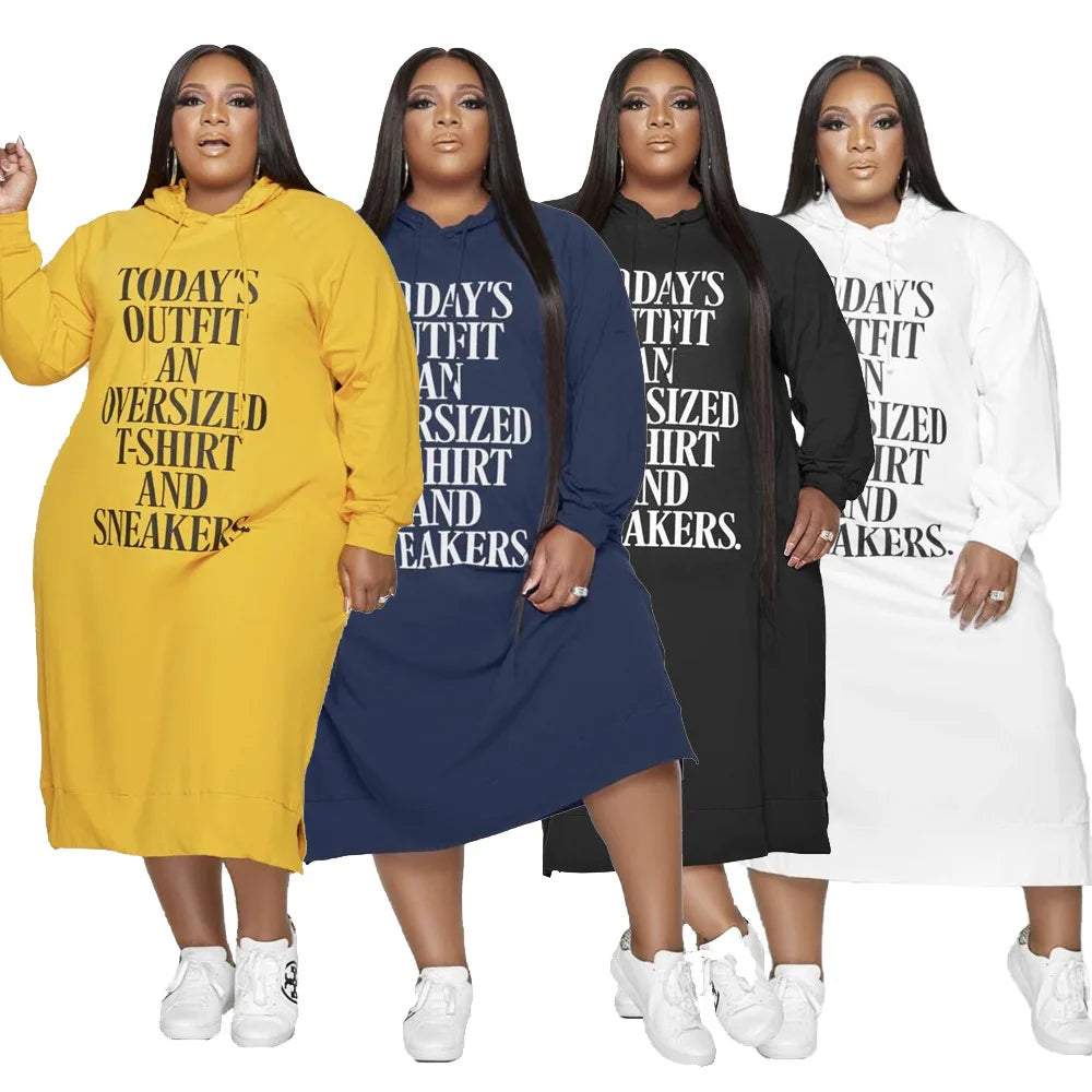 L-5xl Hoodies Letter Print Loose Dress Pockets Maxi Dresses