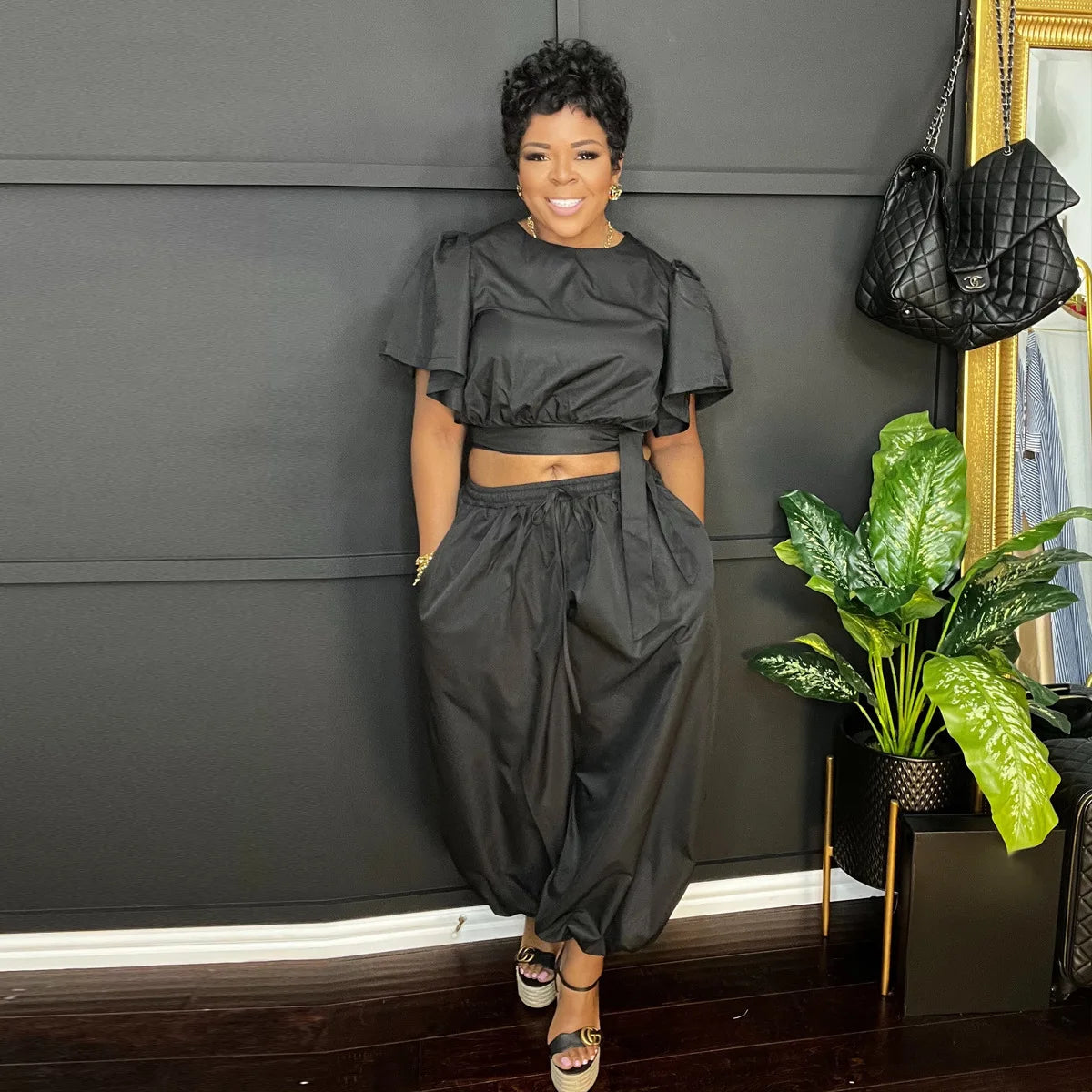 O-neck Belt Short Flare Sleeve Crop Top + Pants Suits (2 pcs.)