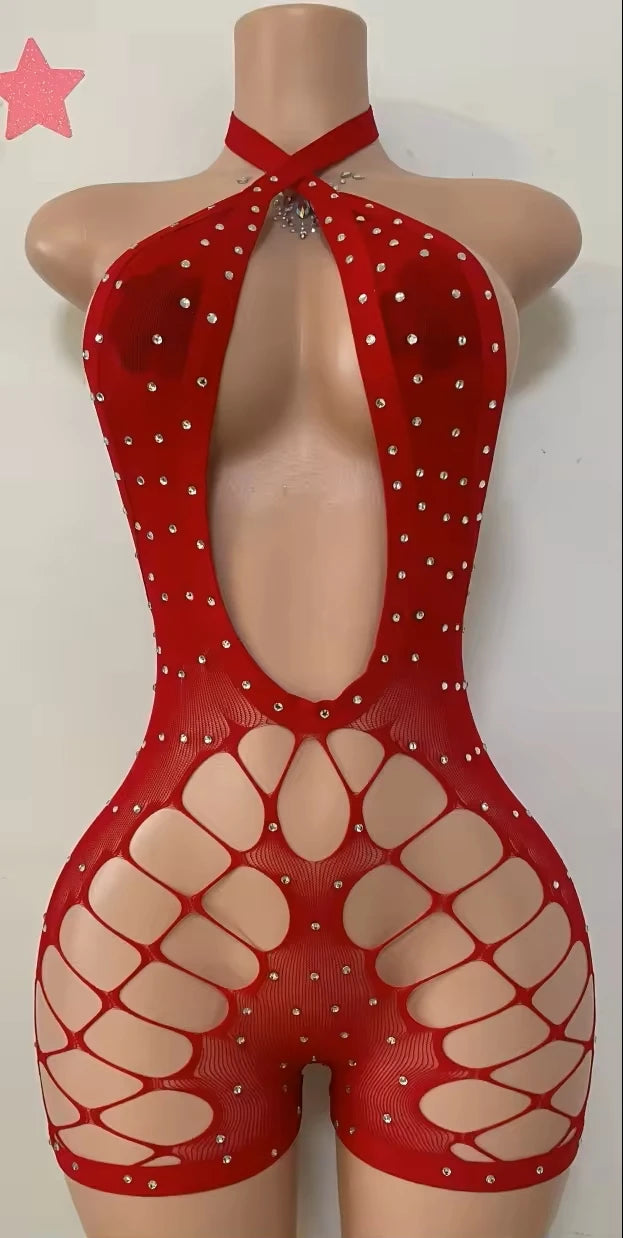 Hollow-out Rhinestone Patchwork Bodycon Halter Sleeveless Backless Lingerie