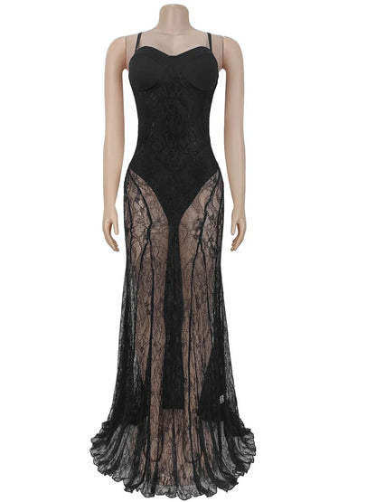 Beautiful See-Through Lace Floral Perspective Sheer Mesh Night Dress Sleepwear