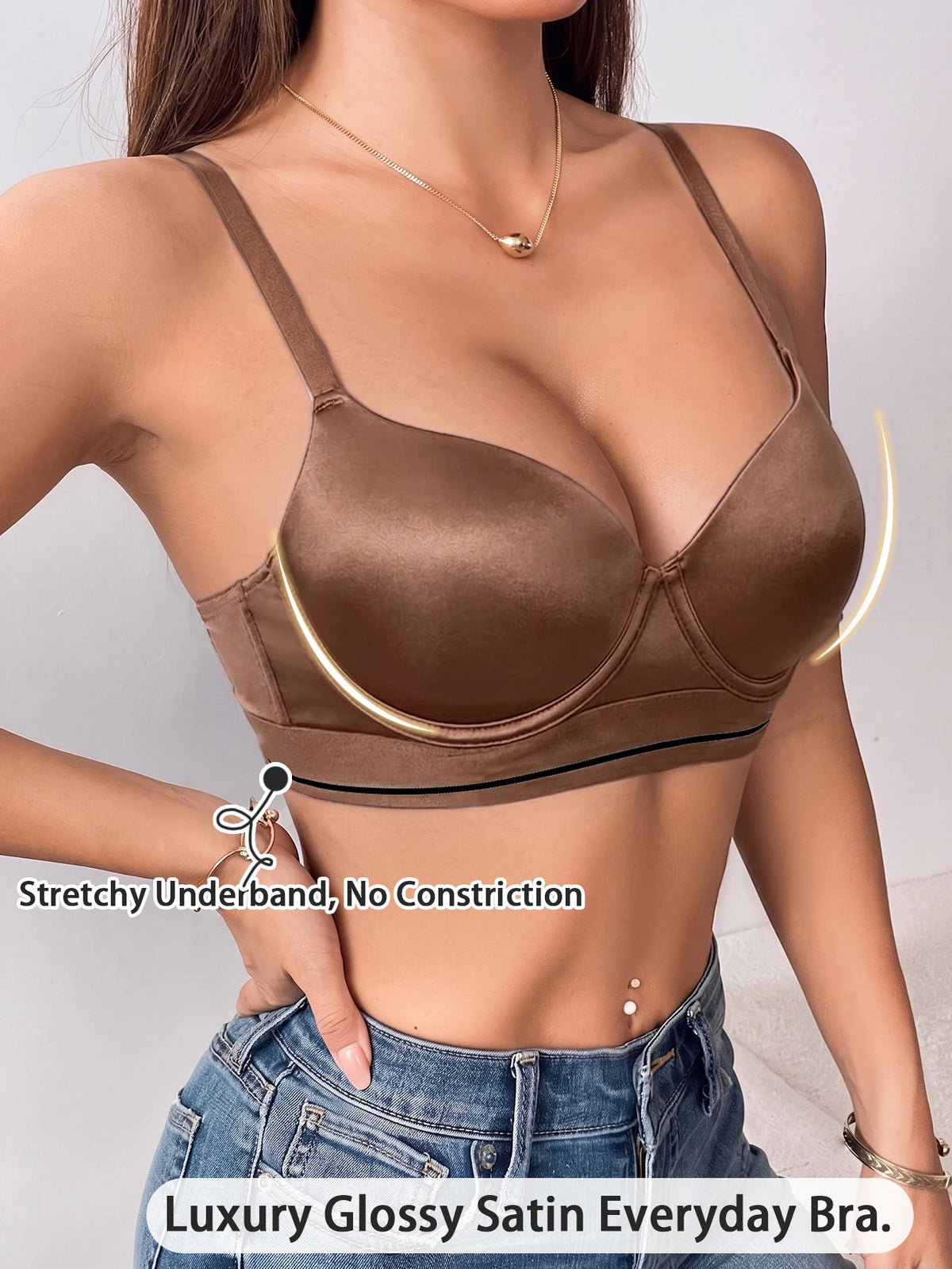 Underwire Push-Up Bra Glossy Satin U-Back Support Adjustable Straps Anti-Sagging Everyday Lingerie