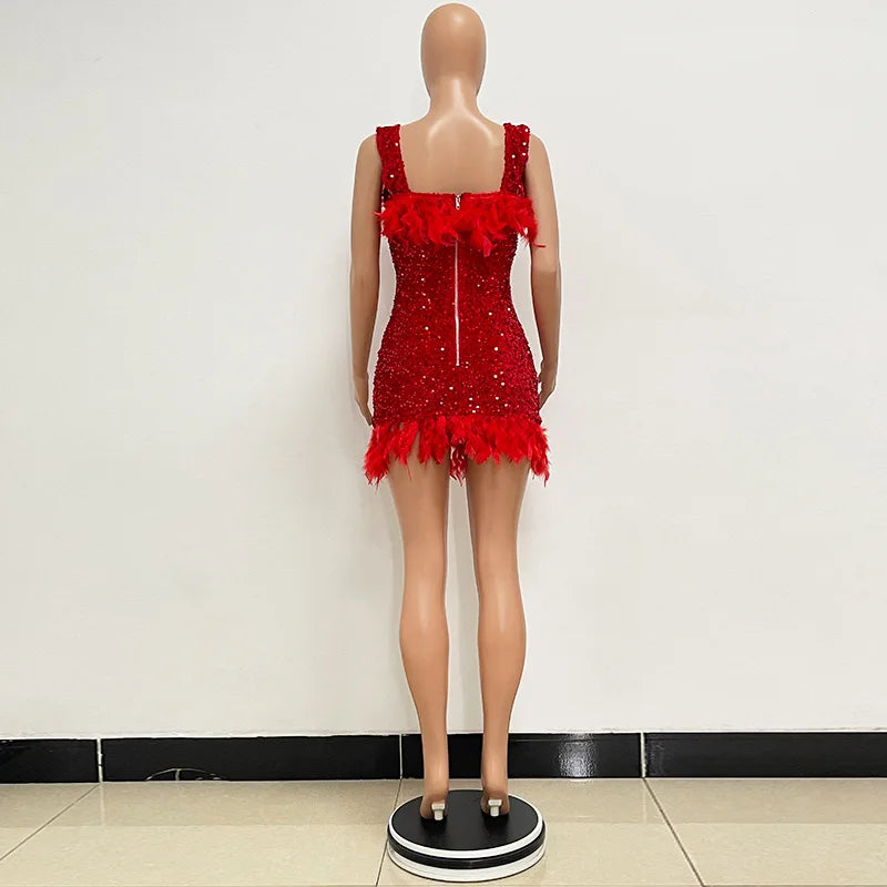 Short Sequins Halter Feathers Spicy Dresses