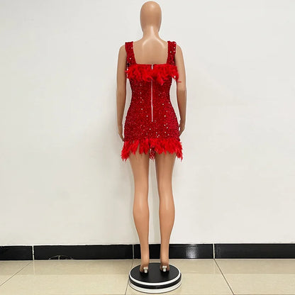 Short Sequins Halter Feathers Spicy Dresses