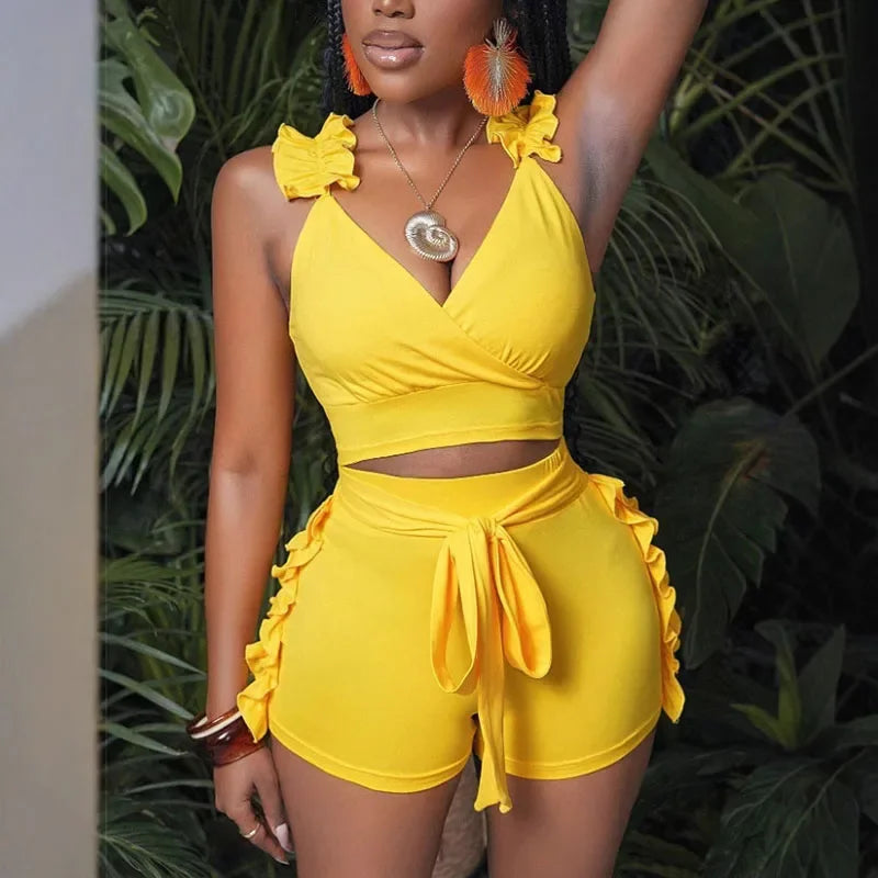 Ruffles V-neck Tank Crop Top and Lace-up Short Sets