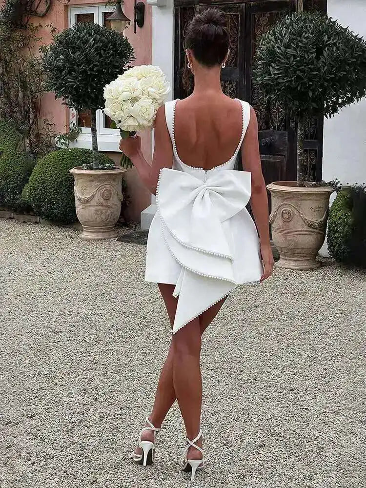 Bow Pearl Backless Elegant Waist Wrap A-line Dresses