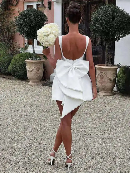 Bow Pearl Backless Elegant Waist Wrap A-line Dresses