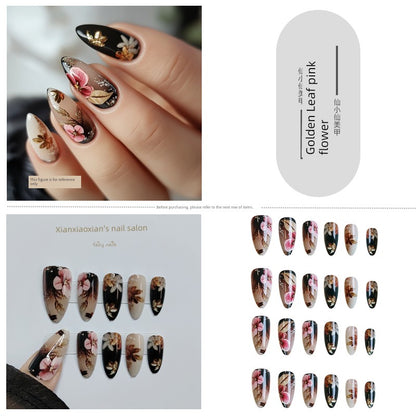 Classical Flower Oil Painting Wearing Armor Gilding Rose Nail Stickers Retro European American Style Artistic Finished Product Fake Nail Tip