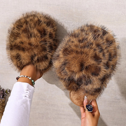 Faux Fur Leopard Pattern Soft Sole Indoor Ladies Shoes