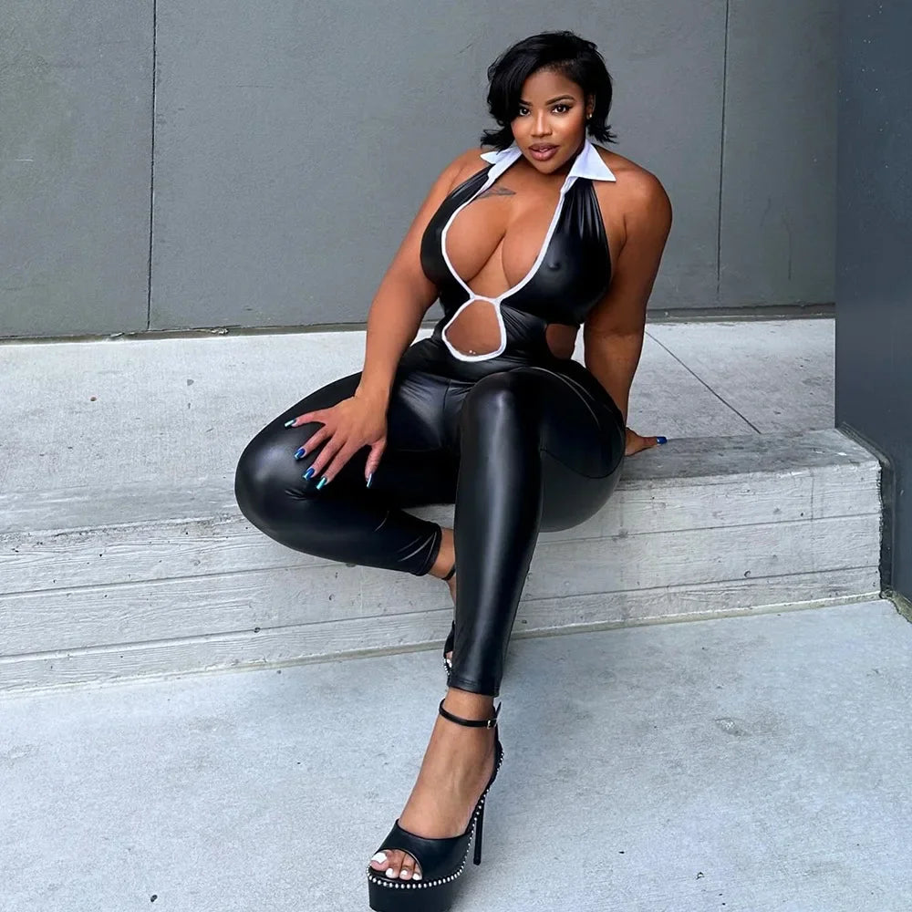 Black Halter Elasticity Slim Playsuits Fashion Bandage Overalls