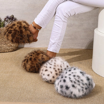 Faux Fur Leopard Pattern Soft Sole Indoor Ladies Shoes