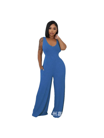 Trendy Solid Color Elastic Wide Leg Jumpsuits (2pcs.)