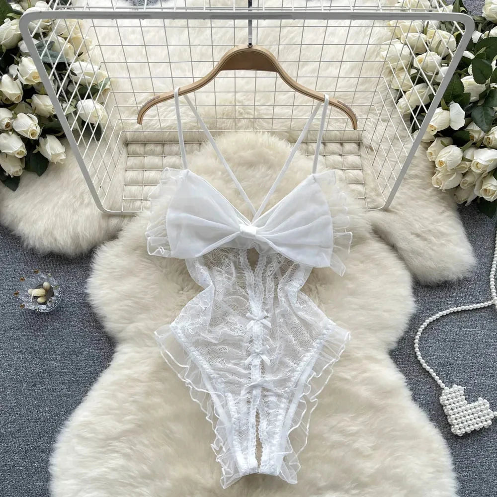 Satin Comfortable Strap Lace Spliced Sheer Lingerie