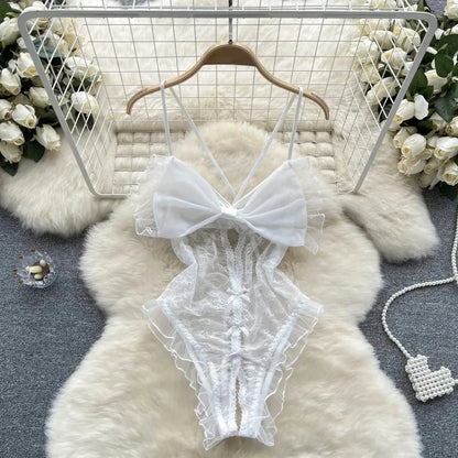 Satin Comfortable Strap Lace Spliced Sheer Lingerie