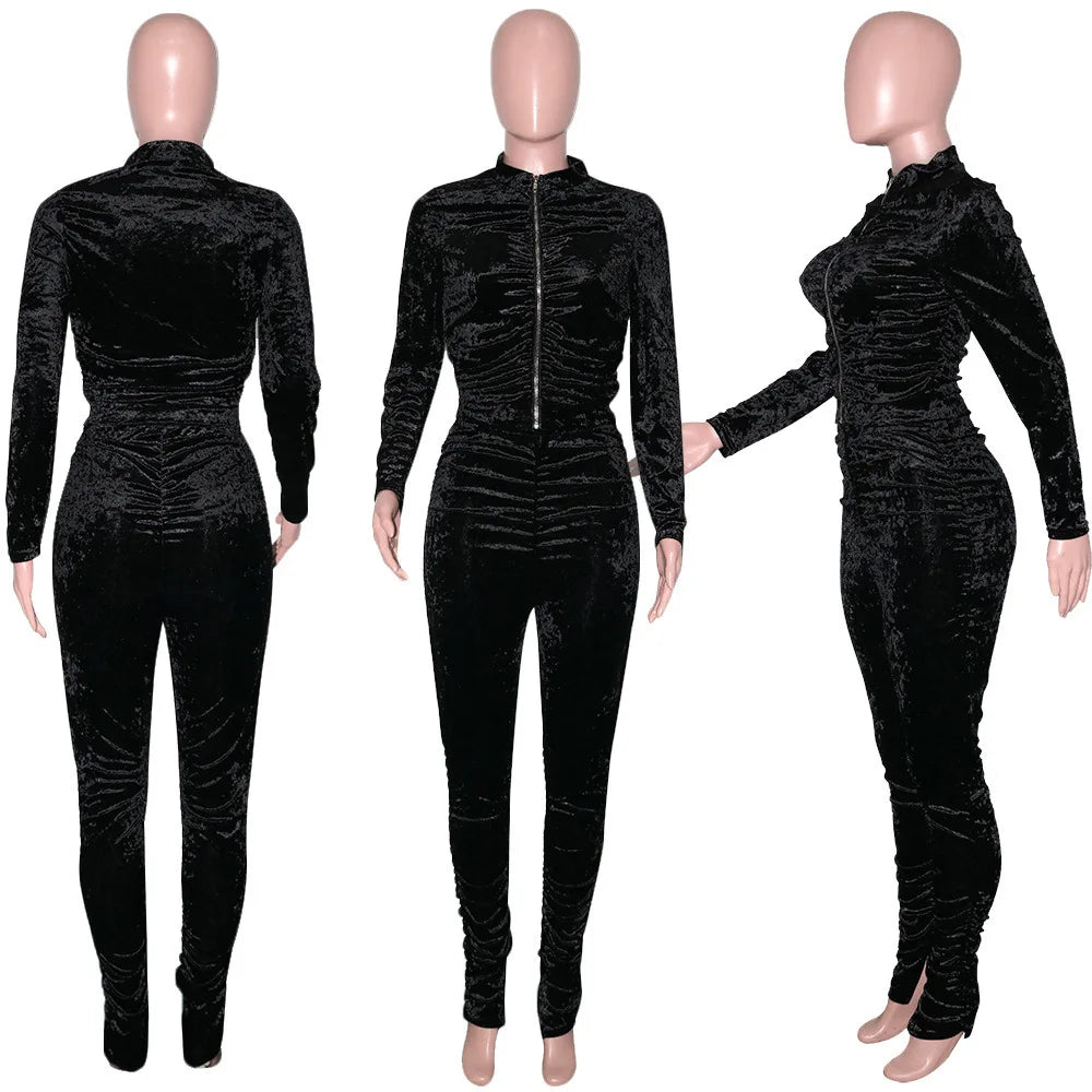 New Winter Fashion Zipper Tops + Slim Pencil Pant Sets
