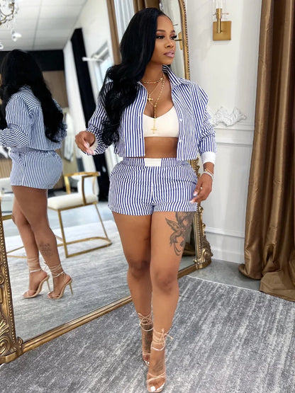 Striped Blouse Shirt Top + Matching Shorts Sets (2pcs.)