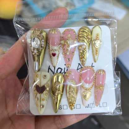 10pcs Retro Golden Almond Handmade Press on Nails Heart Pattern Fake Nails False Nail Artificial Nail 네일팁 Накладные Ногти Uñas