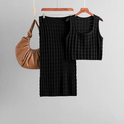 Knit Long Skirts + Straight Casual Spliced Round Neck Vest Sleeveless Tanks Sets