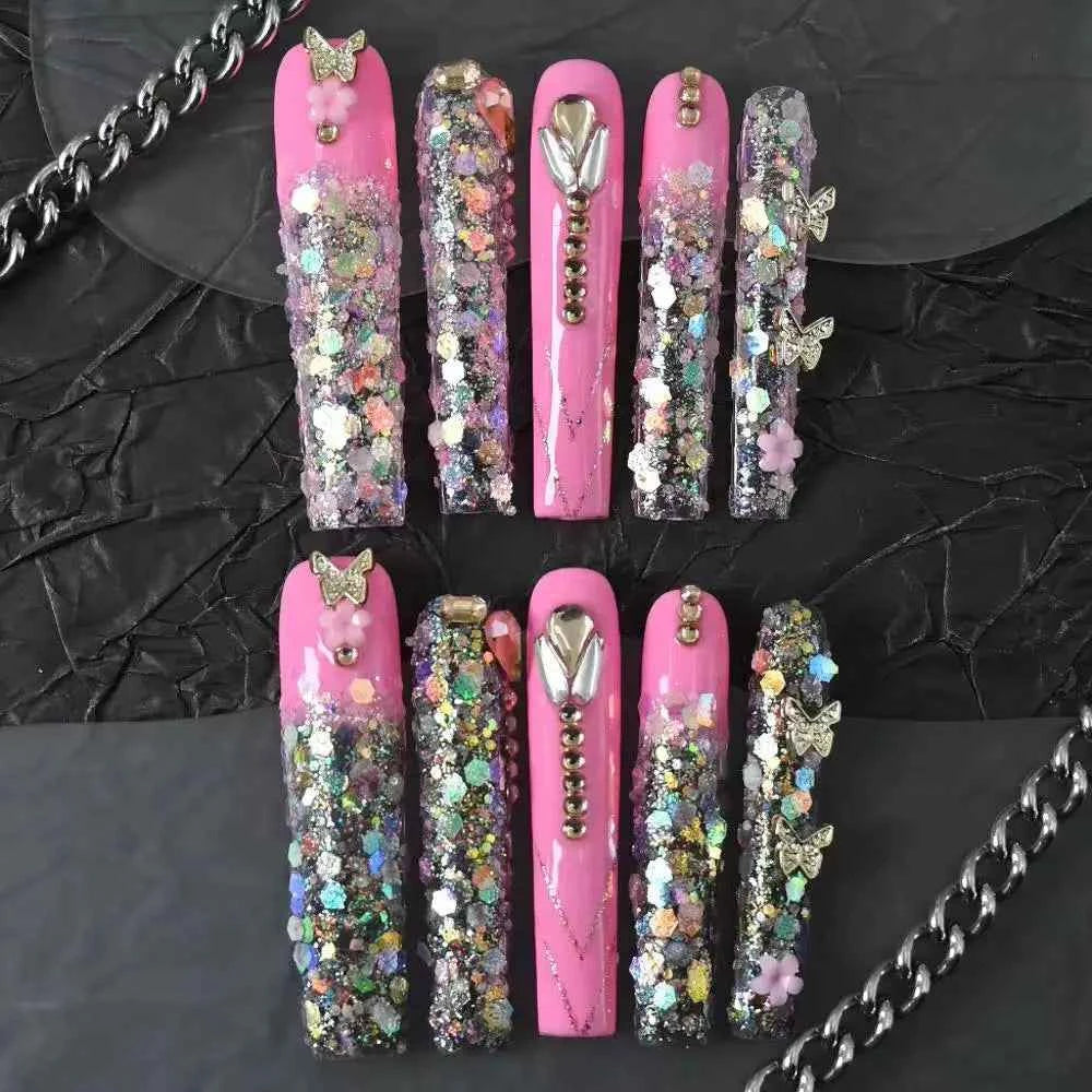 10pcs high-end Cute, sweet and cool style, with a dazzling three-dimensional diamond design handmade fake nails