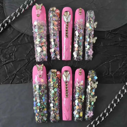 10pcs high-end Cute, sweet and cool style, with a dazzling three-dimensional diamond design handmade fake nails