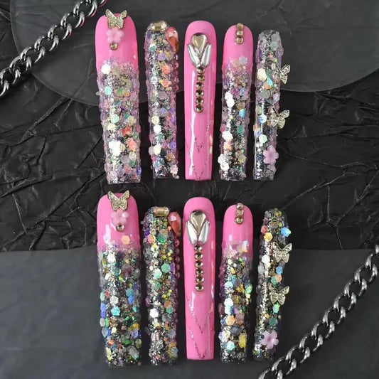 10pcs high-end Cute, sweet and cool style, with a dazzling three-dimensional diamond design handmade fake nails