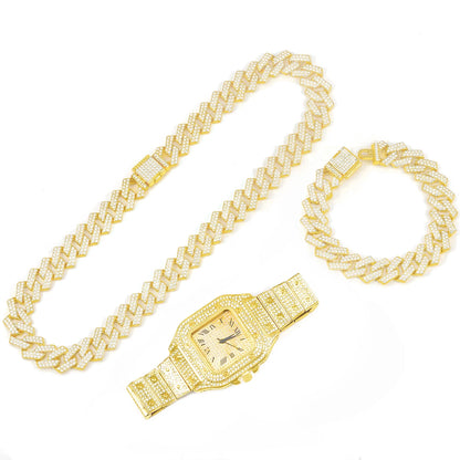 3pcs Set Hip-hop Punk Inlay Diamond Square Watch+Cuban Chain+Bracelet Comes With Strap Adjuster Stylish Jewelry