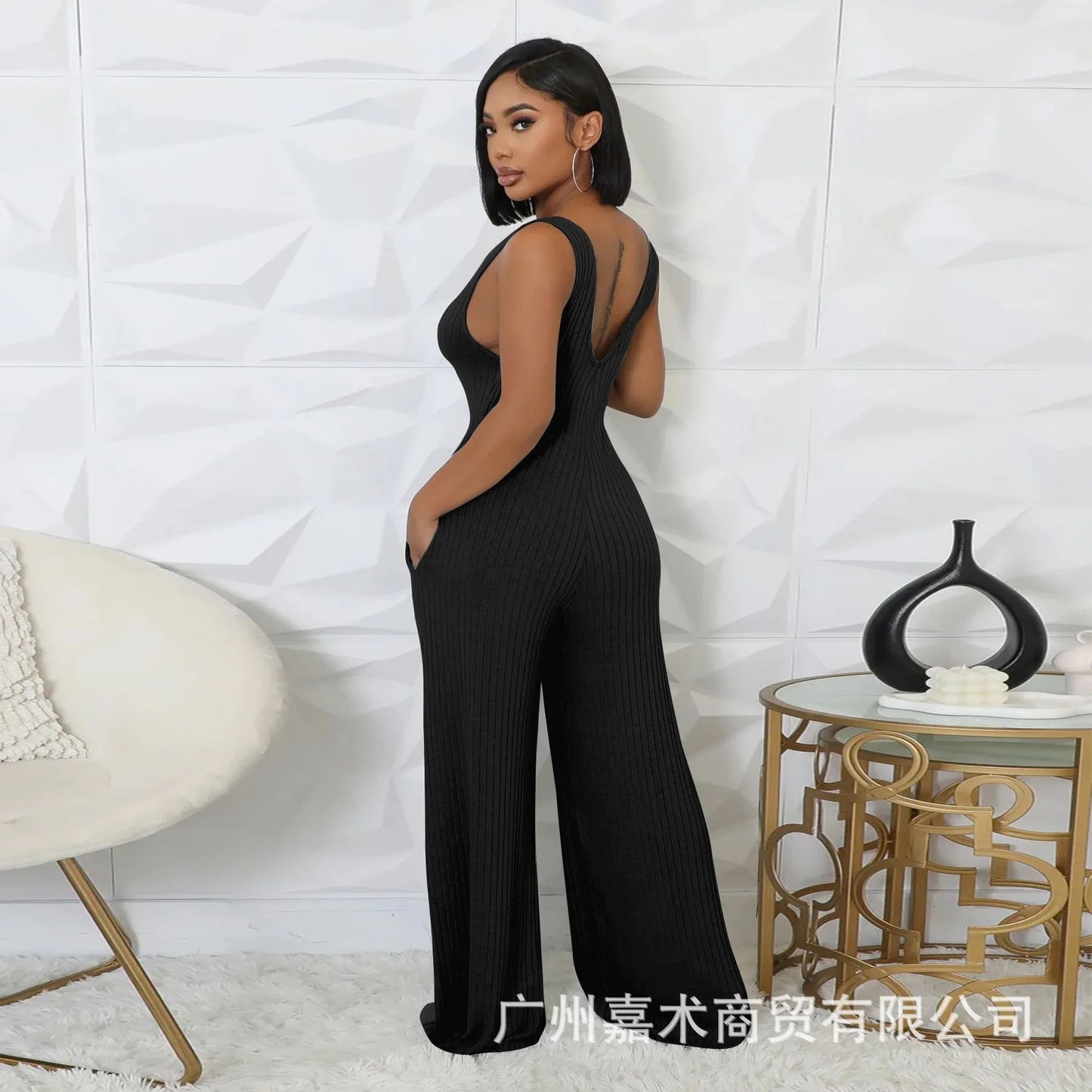 Trendy Solid Color Elastic Wide Leg Jumpsuits (2pcs.)