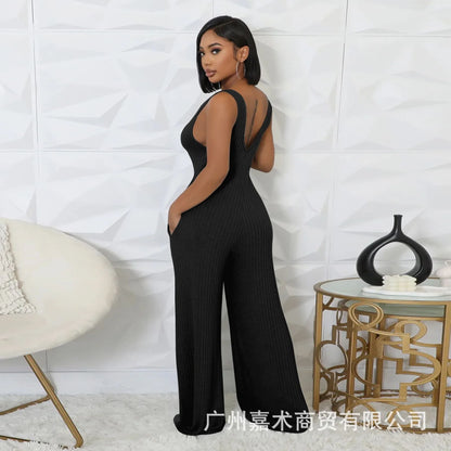 Trendy Solid Color Elastic Wide Leg Jumpsuits (2pcs.)