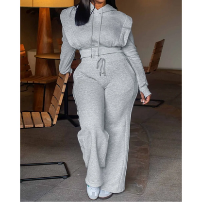 Elegant Tied Detail Hooded Long Sleeve Sweatshirt + Wide Leg Sweatpants Set for Autumn/Winter