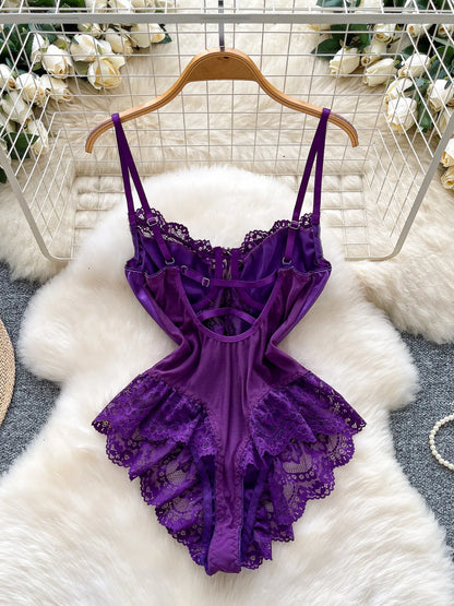 Satin Comfortable Strap Lace Spliced Sheer Lingerie