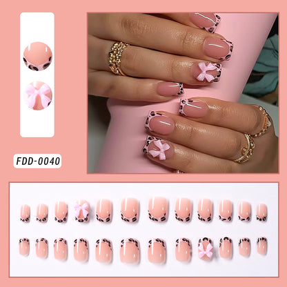 24Pcs Pink Leopard Print French Tips False Nails Short Square Head 3D Black Bowknot Fake Nails Acrylic Full Cover Press on Nails