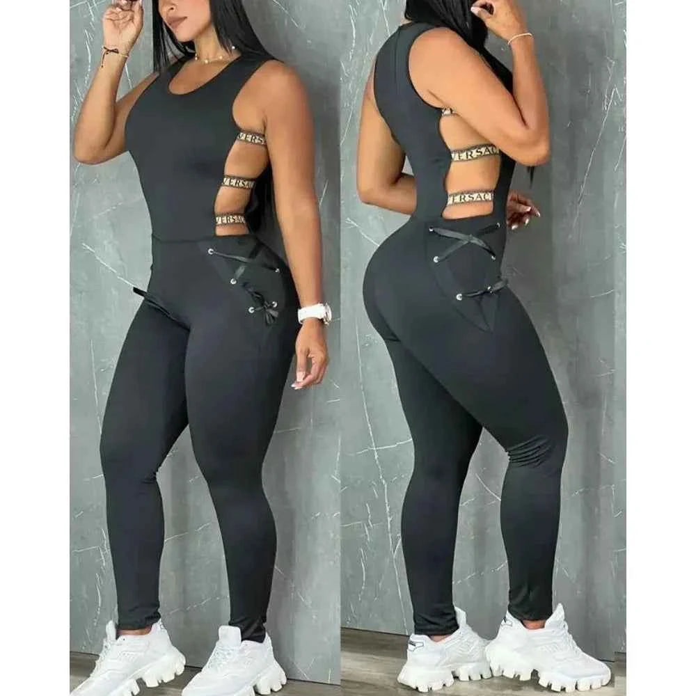 Letter Pattern Sleeveless Ladder Cut Out Jumpsuits