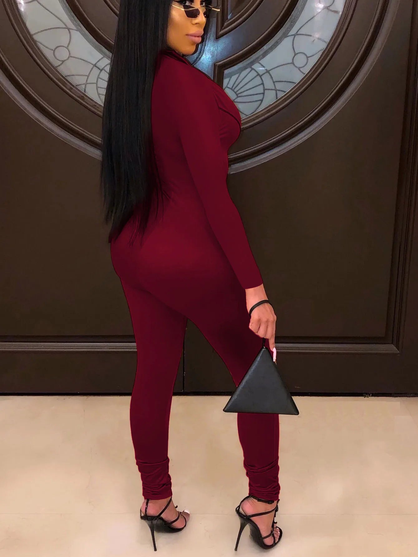 Women Zipper Up Striped Splicing Long Sleeve Bodycon Moto Biker Jumpsuit Sexy Club Night Party Romper Playsuit