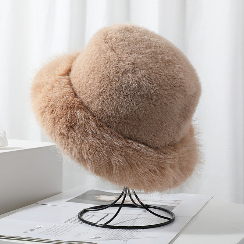 Faux Fur Fluffy Bucket Hat for Women Luxury Plush Hat Thicken Snow Oversized Fur Bucket Hats